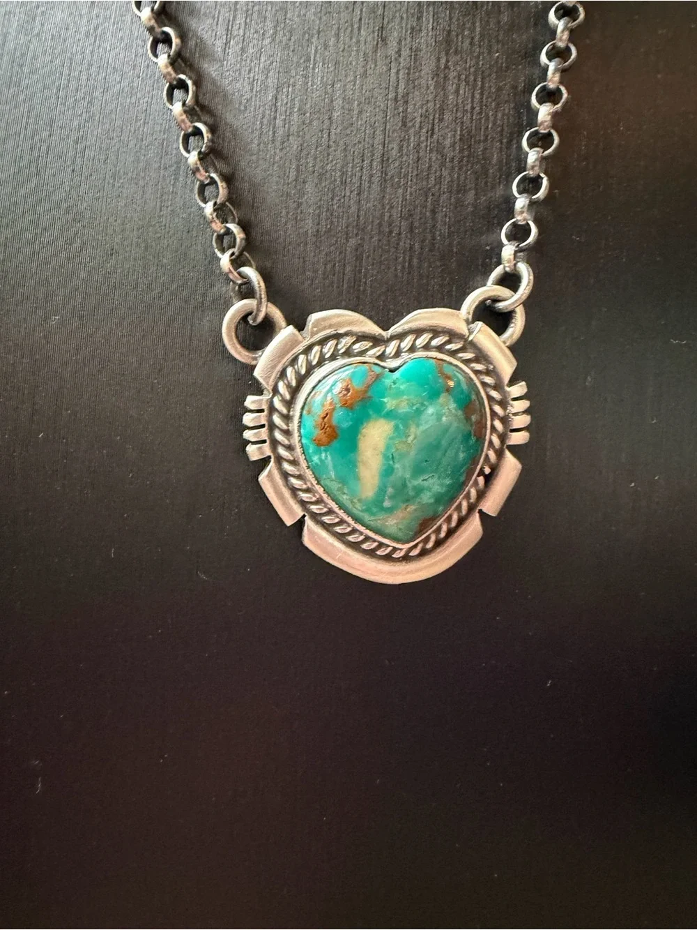 Jon McCray Navajo Handmade Sterling Silver Heart Turquoise Pendant Necklace -m
